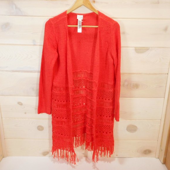 Chico's Size 1 Women's M Fringe Cardigan Sweater Orange Boho Open Front Long - Picture 1 of 9